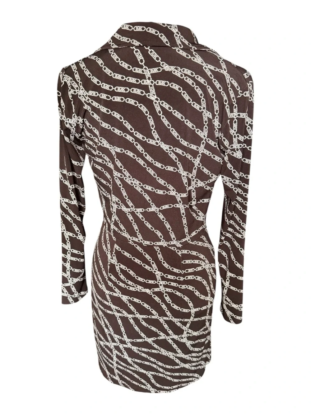 Michael Kors Brown Chain-Print Long Sleeve Wrap-Style Dress